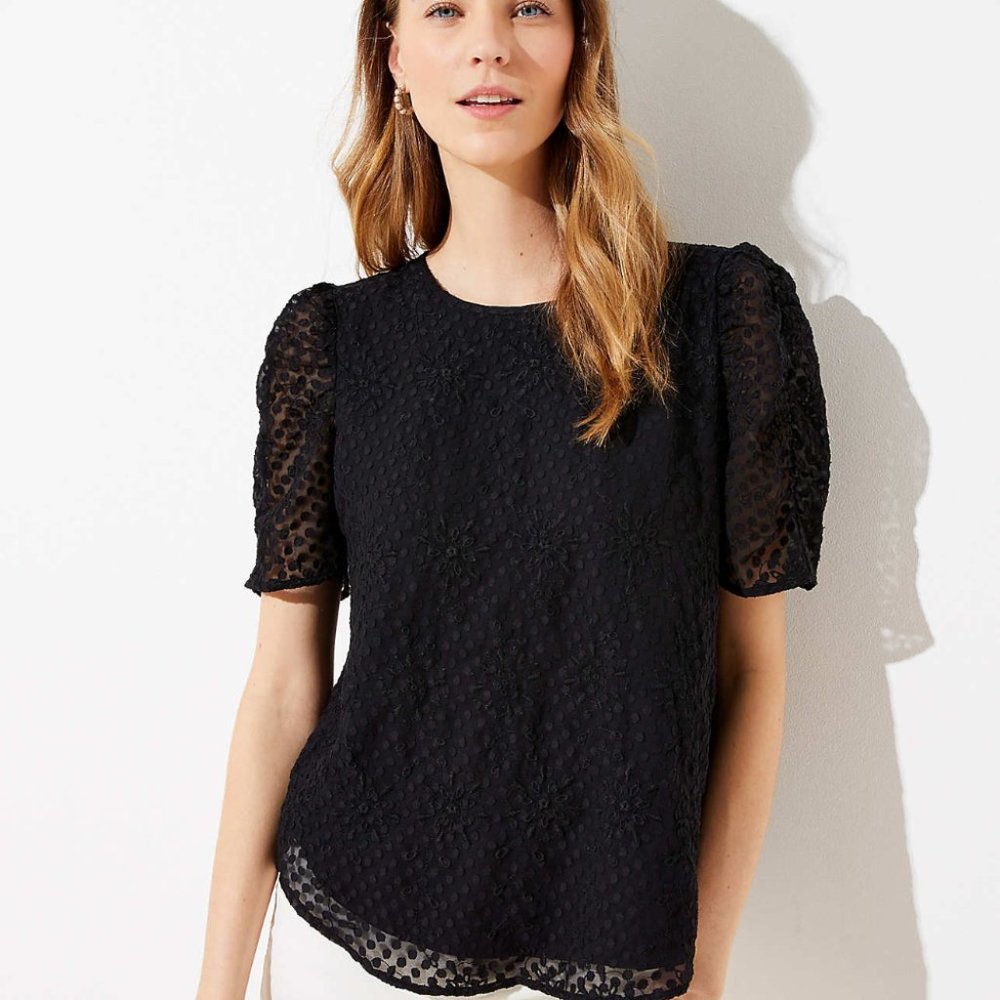 LOFT Black Clip Dot Puff Sleeve Blouse Top Medium